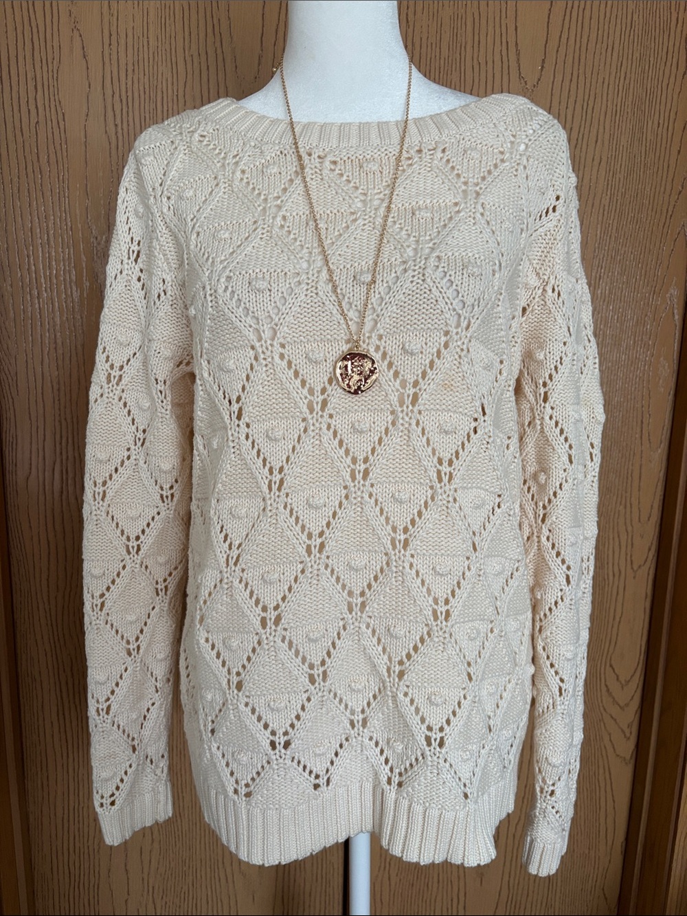 Tomy Hilfiger Open Work Crewneck Sweater in Off White, size M